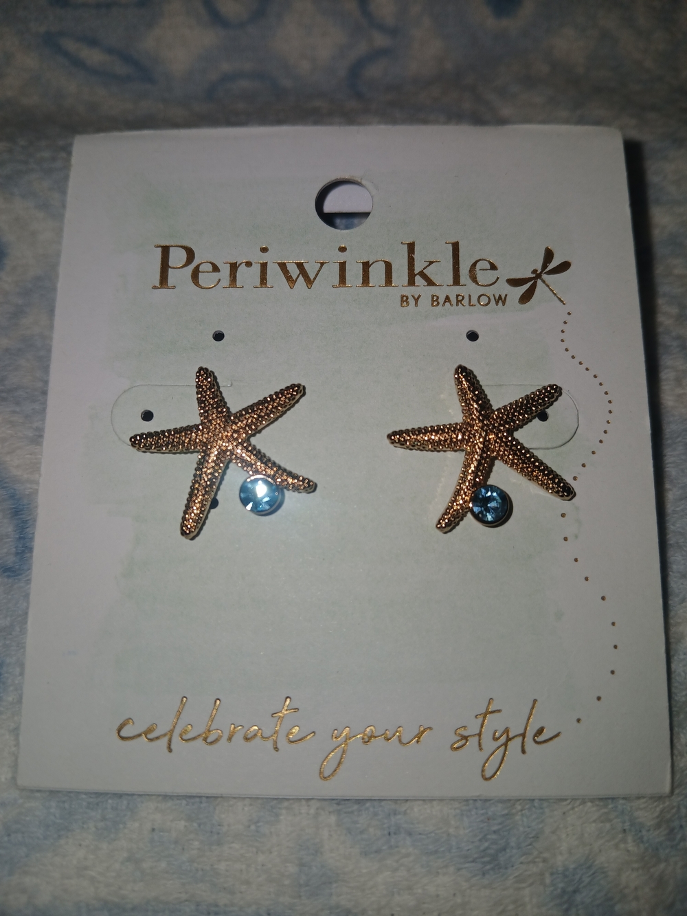 Periwinkle by Barlow Gold Starfish Earrings with Blue Crystal
